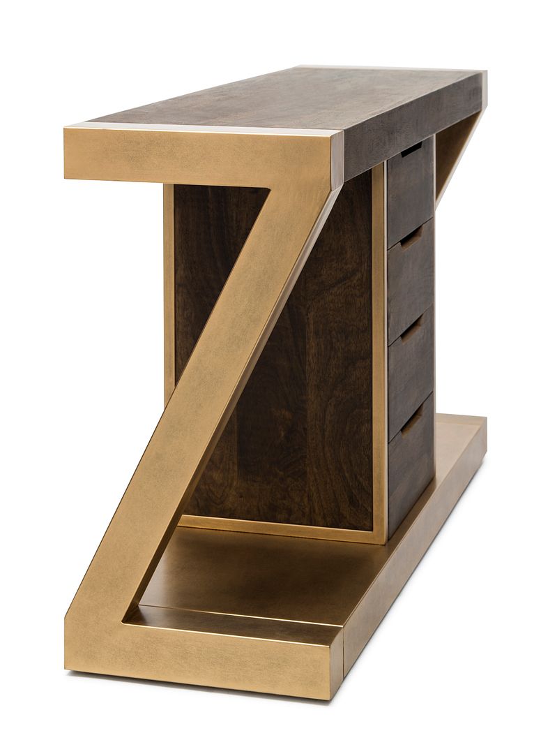 Contemporary Brass Wooden Z-Shaped Hallway Console Table with Drawers - Cosy Abode