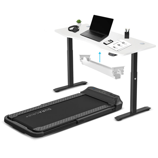 Lifespan Fitness V-FOLD Treadmill with ErgoDesk Automatic Standing Desk 1800mm in White/Black with Cable Management - Cosy Abode