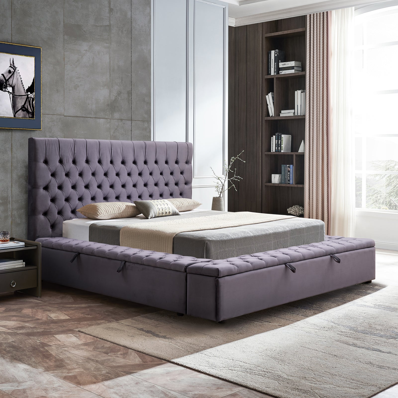 King Size Bedframe Velvet Upholstery Dark Grey Colour Tufted Headboard Deep Quilting - Cosy Abode