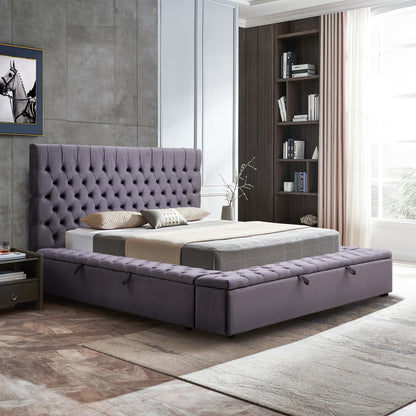 King Size Bedframe Velvet Upholstery Dark Grey Colour Tufted Headboard Deep Quilting - Cosy Abode