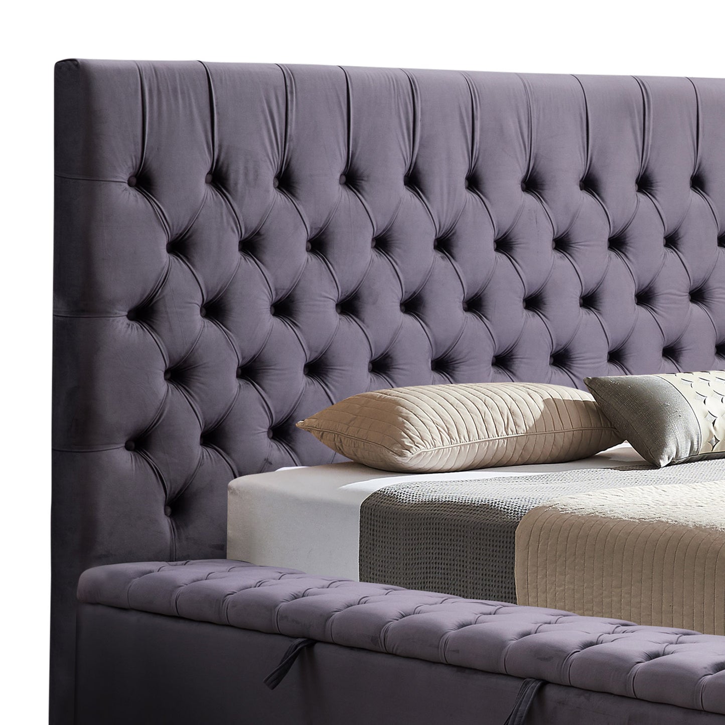 King Size Bedframe Velvet Upholstery Dark Grey Colour Tufted Headboard Deep Quilting - Cosy Abode
