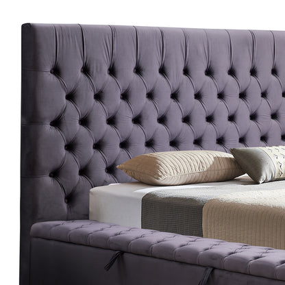 King Size Bedframe Velvet Upholstery Dark Grey Colour Tufted Headboard Deep Quilting - Cosy Abode