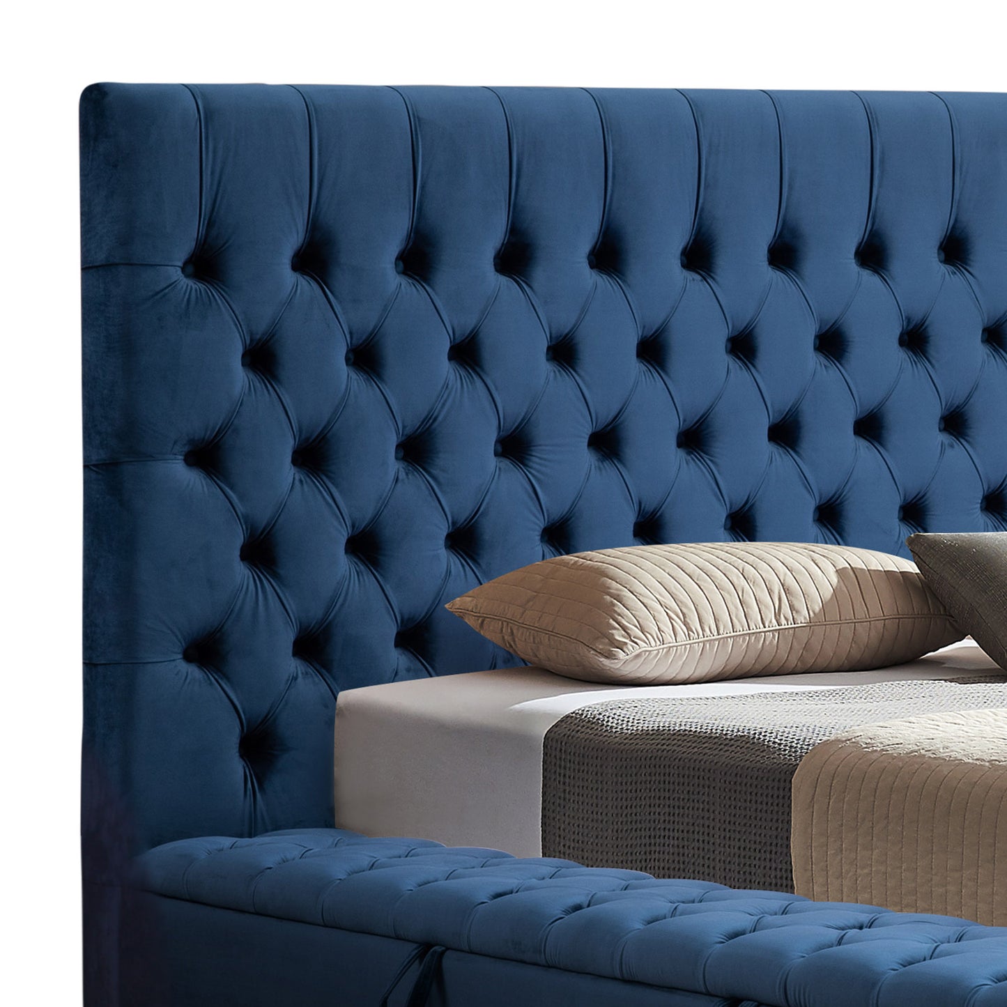 Queen Size Bedframe Velvet Upholstery Deep Blue Colour Tufted Headboard Deep Quilting - Cosy Abode