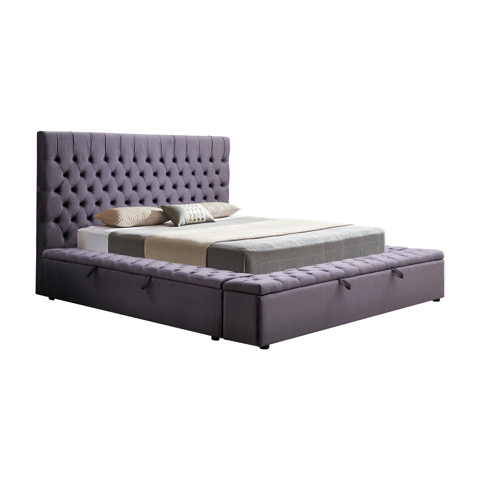 Queen Size Bedframe Velvet Upholstery Deep Grey Colour Tufted Headboard Deep Quilting - Cosy Abode