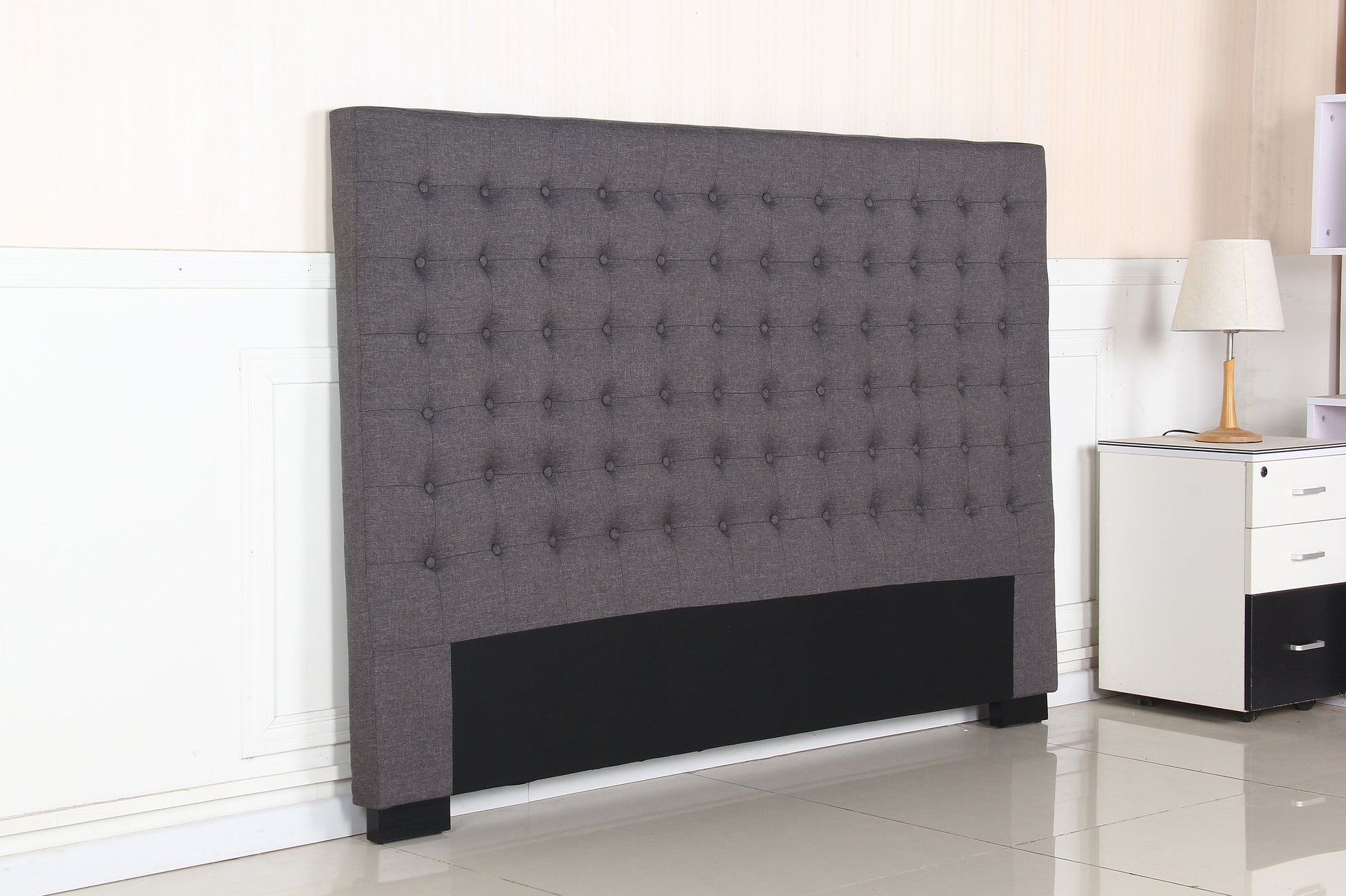 Bed Head King Charcoal Headboard Upholstery Fabric Tufted Buttons - Cosy Abode