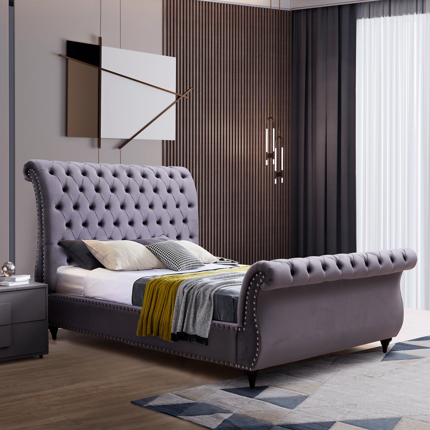 King Size Sleigh Bedframe Velvet Upholstery Grey Colour Tufted Headboard And Footboard Deep Quilting - Cosy Abode