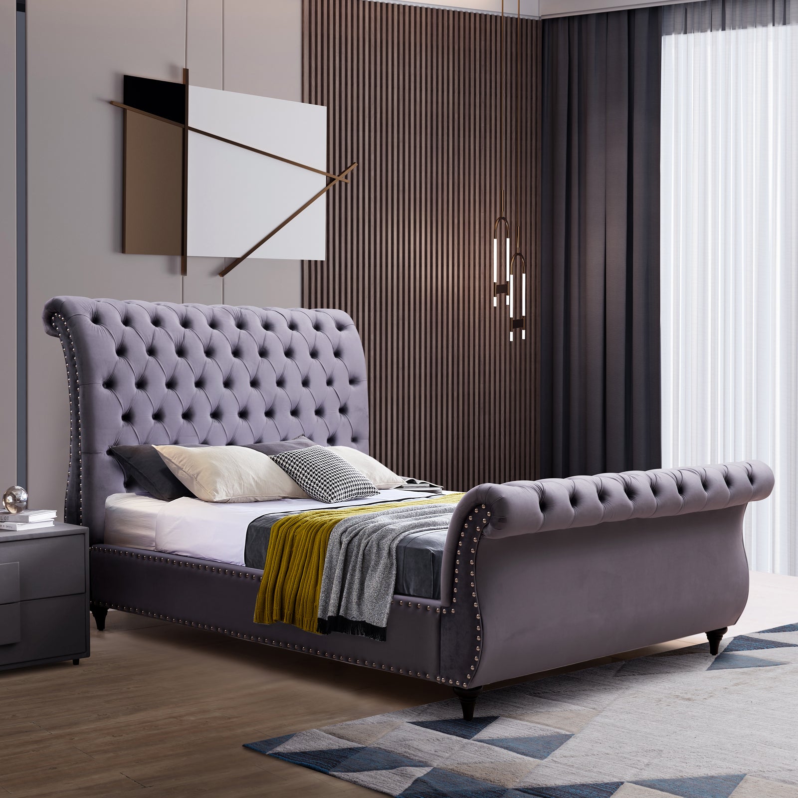 King Size Sleigh Bedframe Velvet Upholstery Grey Colour Tufted Headboard And Footboard Deep Quilting - Cosy Abode