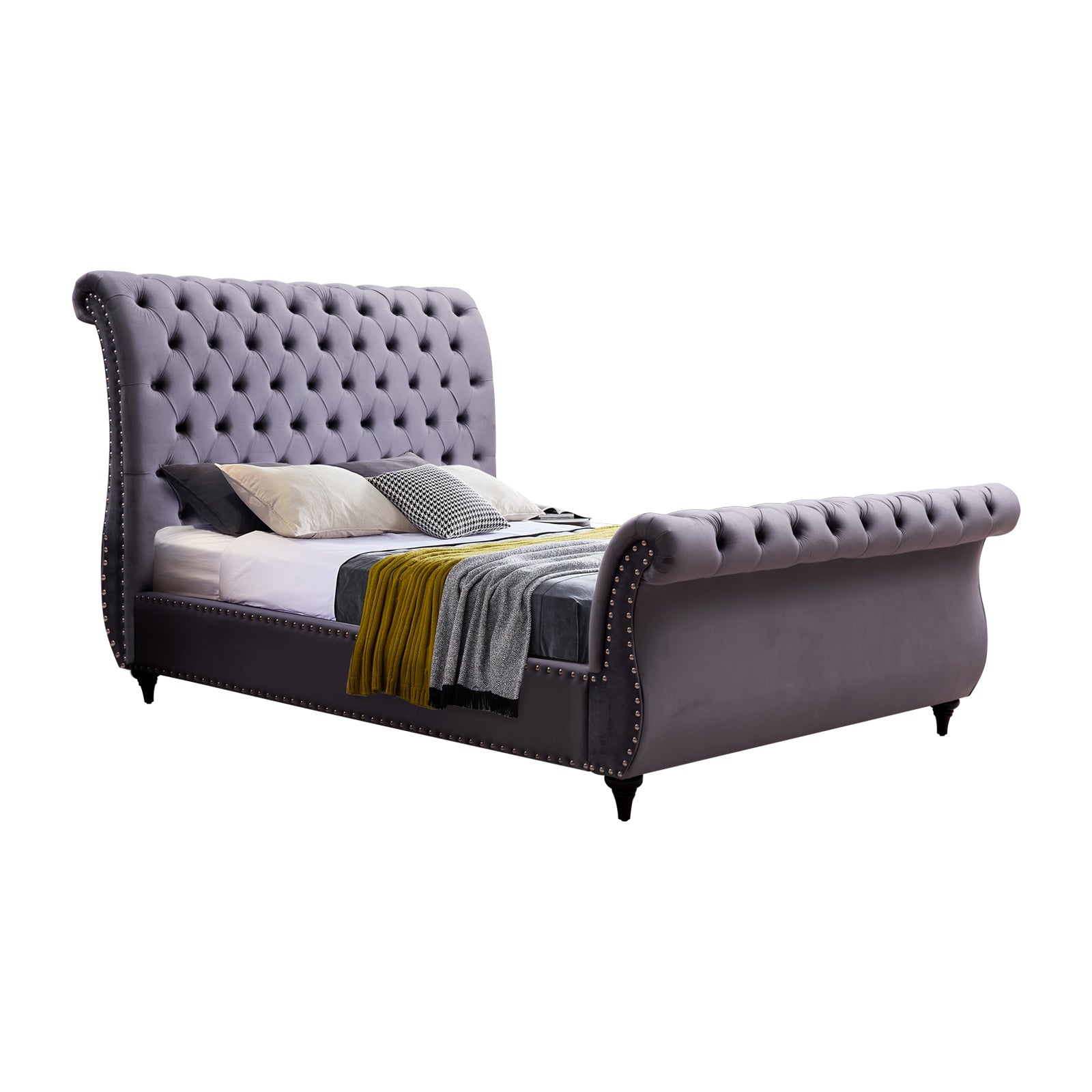 King Size Sleigh Bedframe Velvet Upholstery Grey Colour Tufted Headboard And Footboard Deep Quilting - Cosy Abode