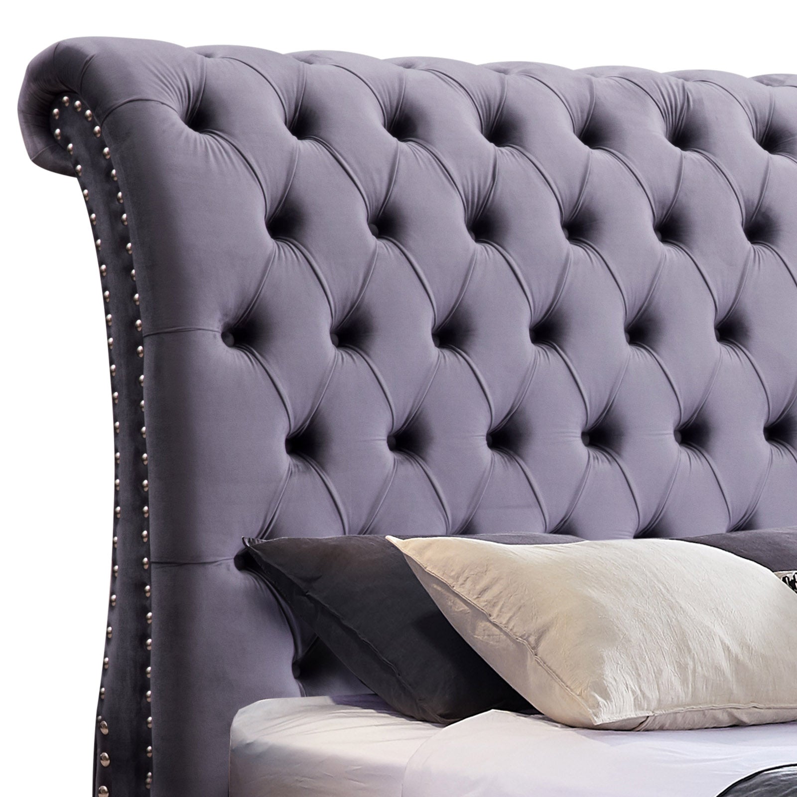 King Size Sleigh Bedframe Velvet Upholstery Grey Colour Tufted Headboard And Footboard Deep Quilting - Cosy Abode
