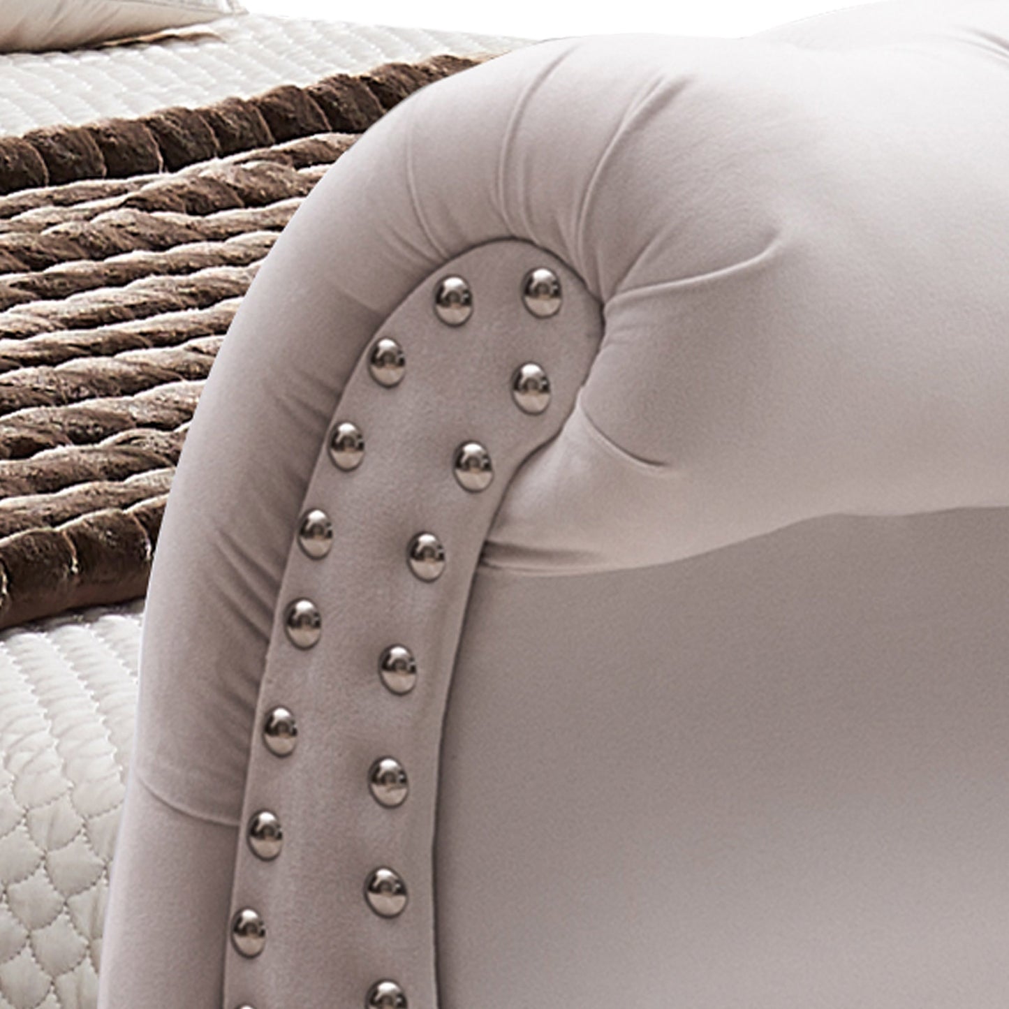 Queen Size Sleigh Bedframe Velvet Upholstery Beige Colour Tufted Headboard And Footboard Deep Quilting - Cosy Abode