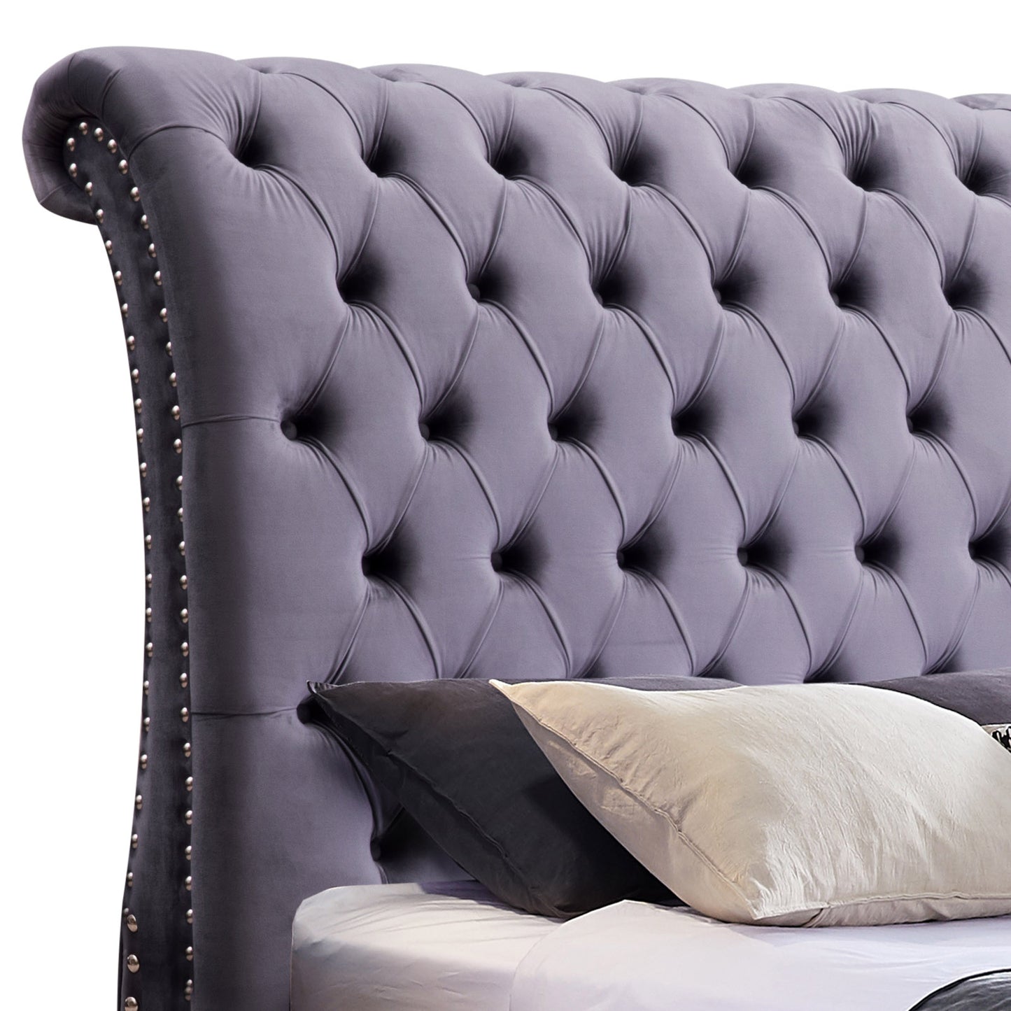 Queen Size Sleigh Bedframe Velvet Upholstery Grey Colour Tufted Headboard And Footboard Deep Quilting - Cosy Abode