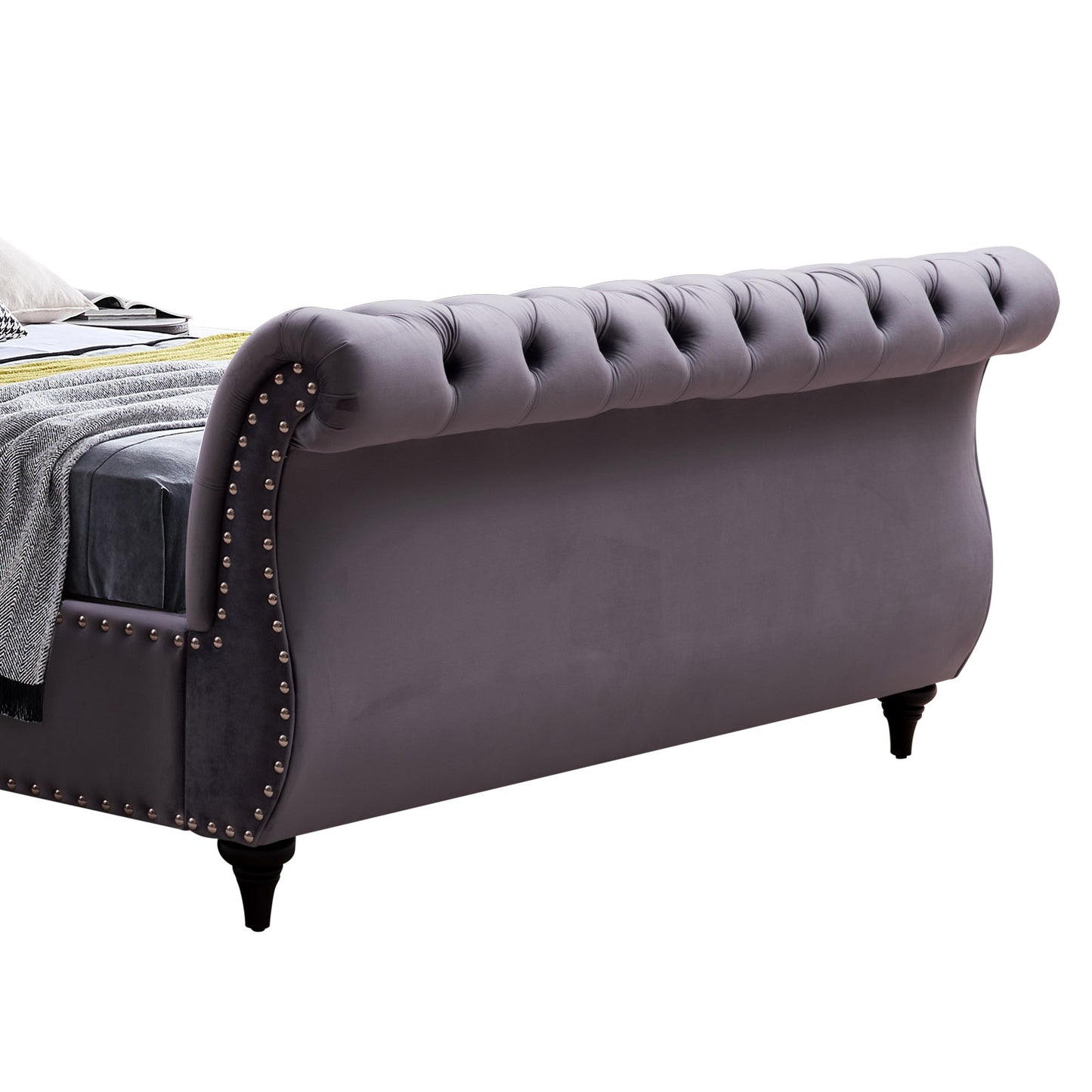 Queen Size Sleigh Bedframe Velvet Upholstery Grey Colour Tufted Headboard And Footboard Deep Quilting - Cosy Abode