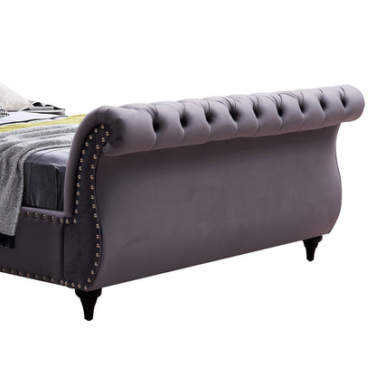Queen Size Sleigh Bedframe Velvet Upholstery Grey Colour Tufted Headboard And Footboard Deep Quilting - Cosy Abode