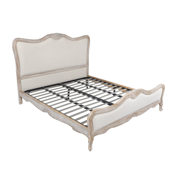 King Size Bed Frame Linen Fabric Beige Oak Wood White Washed Finish Slat Base Mattress Support - Cosy Abode
