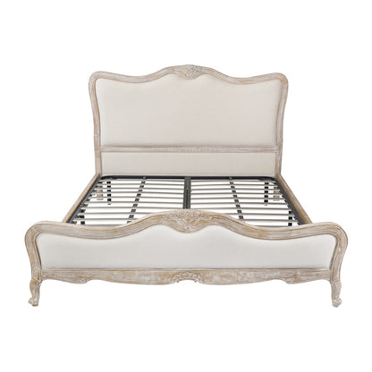 King Size Bed Frame Linen Fabric Beige Oak Wood White Washed Finish Slat Base Mattress Support - Cosy Abode