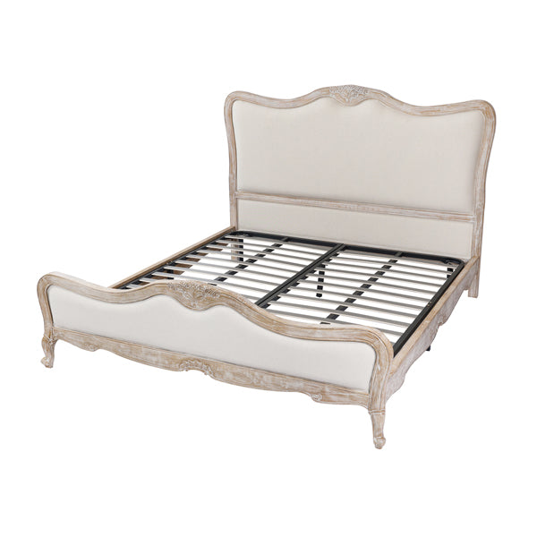King Size Bed Frame Linen Fabric Beige Oak Wood White Washed Finish Slat Base Mattress Support - Cosy Abode
