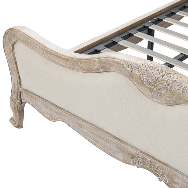 King Size Bed Frame Linen Fabric Beige Oak Wood White Washed Finish Slat Base Mattress Support - Cosy Abode