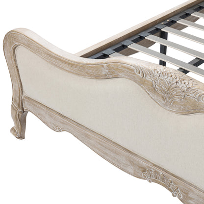 King Size Bed Frame Linen Fabric Beige Oak Wood White Washed Finish Slat Base Mattress Support - Cosy Abode