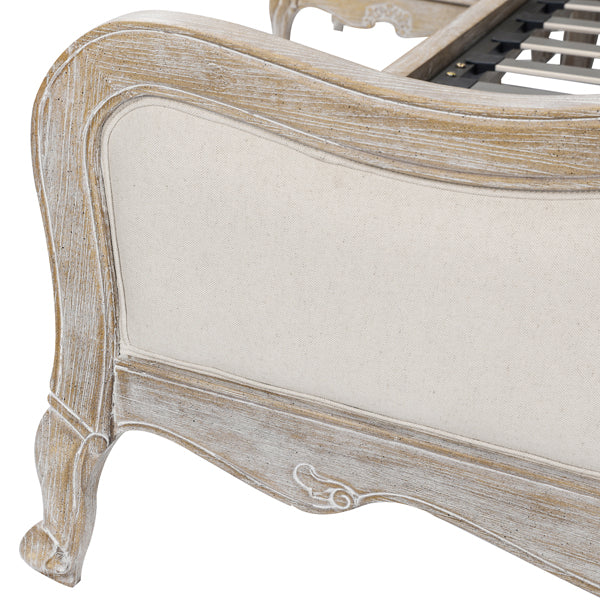 King Size Bed Frame Linen Fabric Beige Oak Wood White Washed Finish Slat Base Mattress Support - Cosy Abode