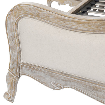 King Size Bed Frame Linen Fabric Beige Oak Wood White Washed Finish Slat Base Mattress Support - Cosy Abode