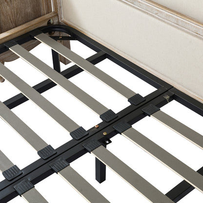 Queen Bedframe Linen Fabric Beige Oak Wood White Washed Finish Mattress Support - Cosy Abode