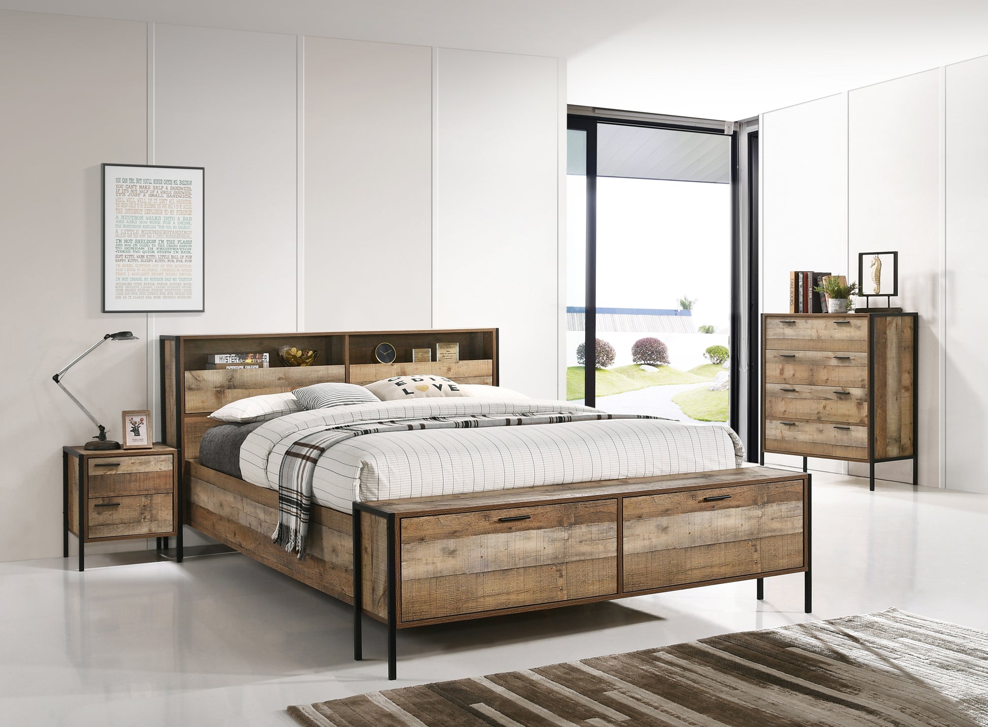 Queen Size Storage Bed Farme in Oak Colour with Particle Board Contraction and Metal Legs - Cosy Abode
