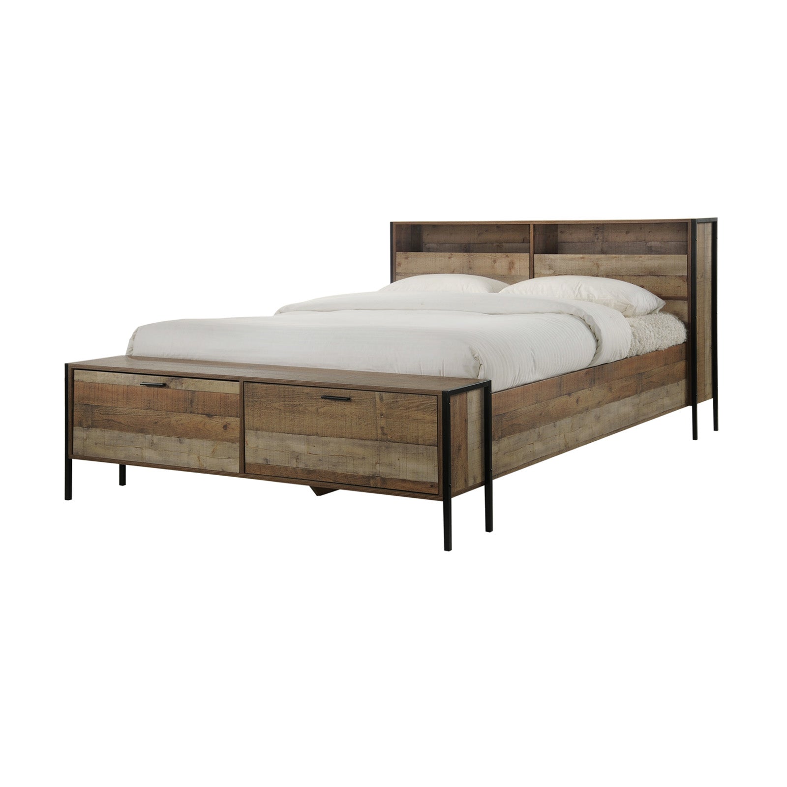 Queen Size Storage Bed Farme in Oak Colour with Particle Board Contraction and Metal Legs - Cosy Abode
