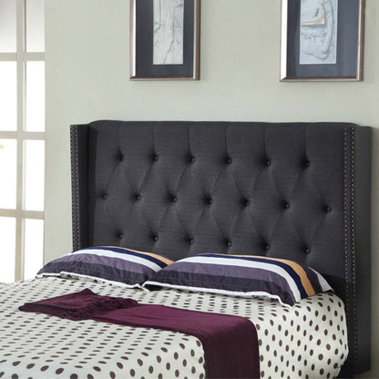 Bed Head Queen Charcoal Headboard Upholstery Fabric Studded Buttons - Cosy Abode