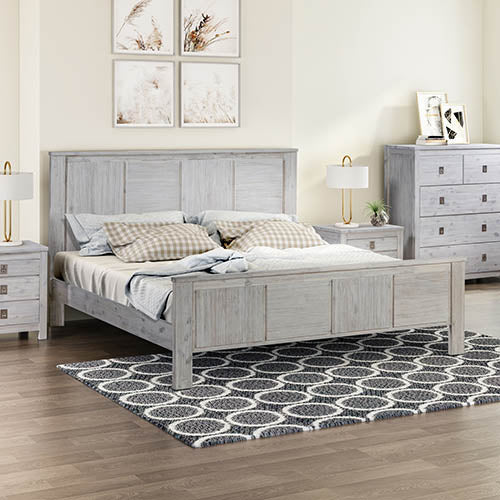 King Size Bed Frame with Solid Acacia Wood Veneered Construction in White Ash Colour - Cosy Abode