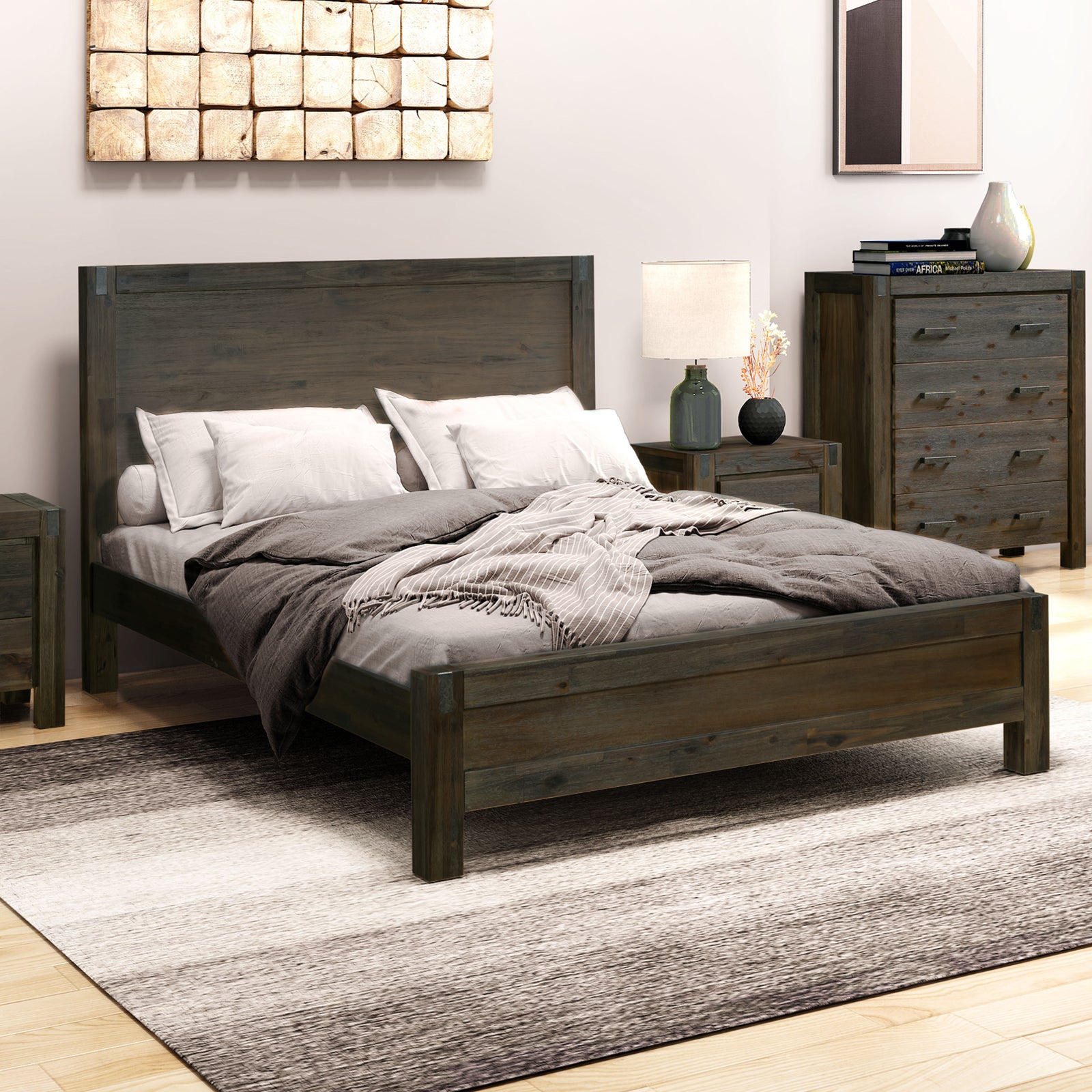Bed Frame Queen Size in Solid Wood Veneered Acacia Bedroom Timber Slat in Chocolate - Cosy Abode