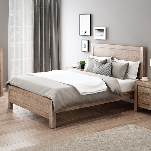 Bed Frame Queen Size in Solid Wood Veneered Acacia Bedroom Timber Slat in Oak - Cosy Abode