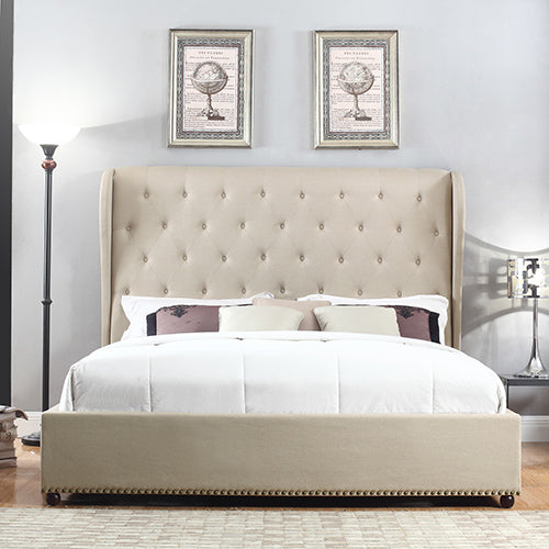Bed Frame Queen Size in Beige Fabric Upholstered French Provincial High Bedhead - Cosy Abode