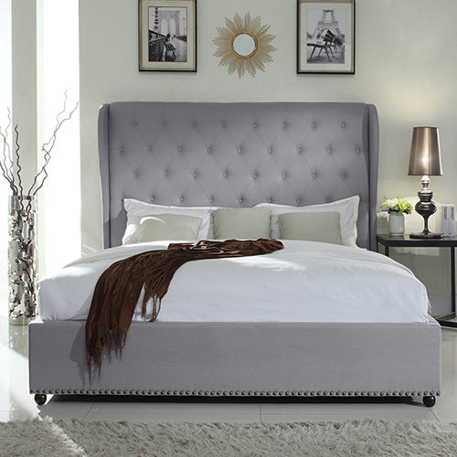 Bed Frame Queen Size in Grey Fabric Upholstered French Provincial High Bedhead - Cosy Abode