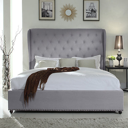 Bed Frame Queen Size in Grey Fabric Upholstered French Provincial High Bedhead - Cosy Abode