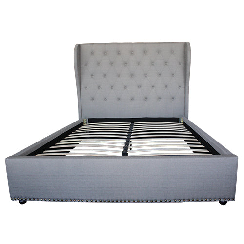 Bed Frame Queen Size in Grey Fabric Upholstered French Provincial High Bedhead - Cosy Abode