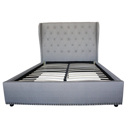 Bed Frame Queen Size in Grey Fabric Upholstered French Provincial High Bedhead - Cosy Abode