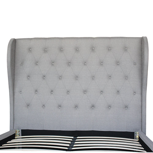 Bed Frame Queen Size in Grey Fabric Upholstered French Provincial High Bedhead - Cosy Abode