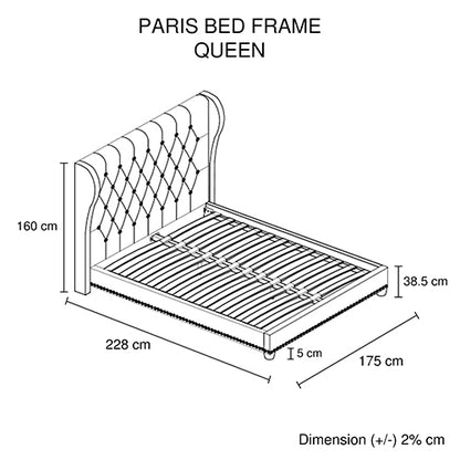 Bed Frame Queen Size in Grey Fabric Upholstered French Provincial High Bedhead - Cosy Abode