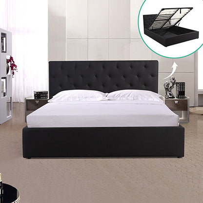 Gas Lift Queen Size Storage Bed Frame Upholstery Fabric in Black Colour with Tufted Headboard - Cosy Abode