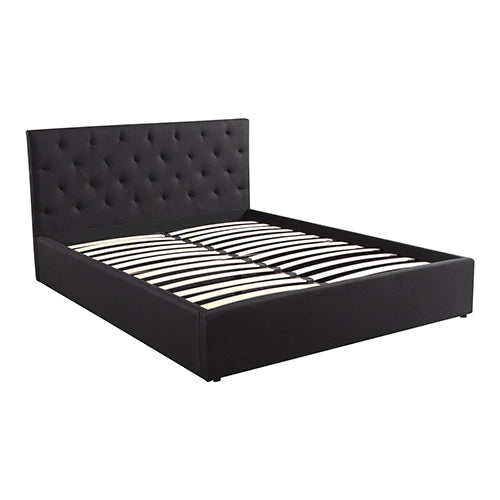 Gas Lift Queen Size Storage Bed Frame Upholstery Fabric in Black Colour with Tufted Headboard - Cosy Abode