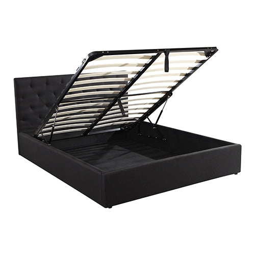 Gas Lift Queen Size Storage Bed Frame Upholstery Fabric in Black Colour with Tufted Headboard - Cosy Abode