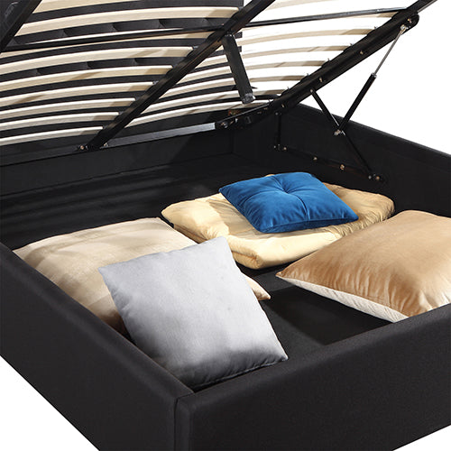 Gas Lift Queen Size Storage Bed Frame Upholstery Fabric in Black Colour with Tufted Headboard - Cosy Abode