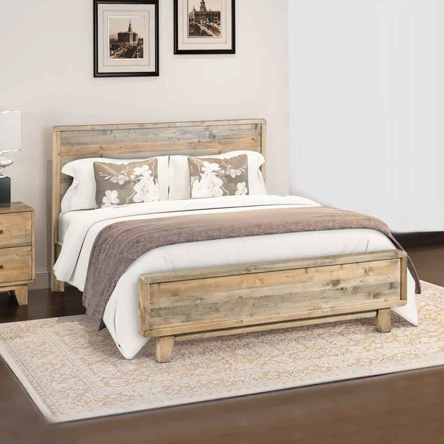 Double Size Wooden Bed Frame in Solid Wood Antique Design Light Brown - Cosy Abode
