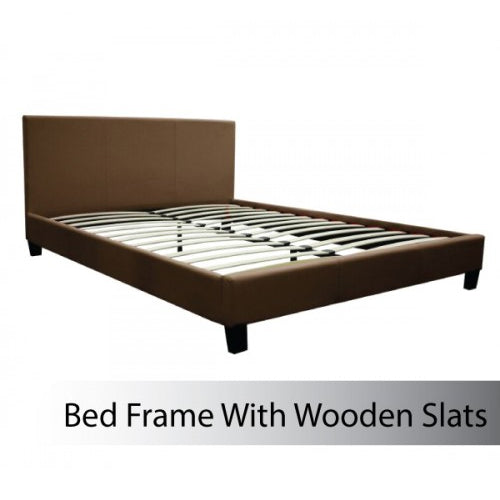 Double Size Leatheratte Bed Frame in Brown Colour with Metal Joint Slat Base - Cosy Abode
