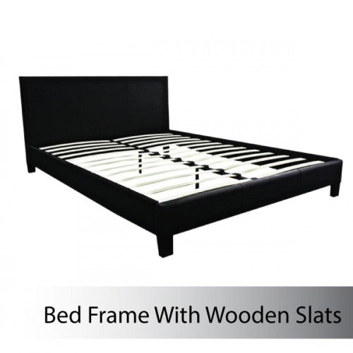 Queen Size Leatheratte Bed Frame in Black Colour with Metal Joint Slat Base - Cosy Abode