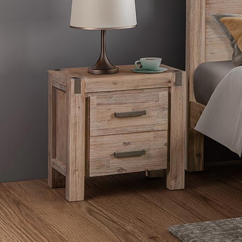 Bedside Table 2 drawers Night Stand in Solid Acacia Wood Oak Colour - Cosy Abode