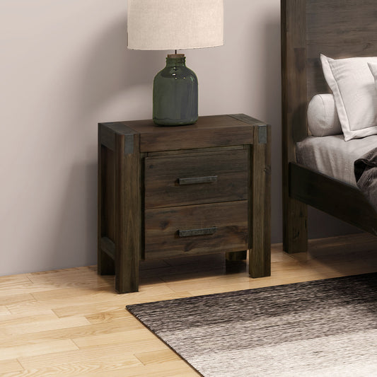Bedside Table 2 drawers Night Stand Solid Wood Acacia Storage in Chocolate Colour - Cosy Abode