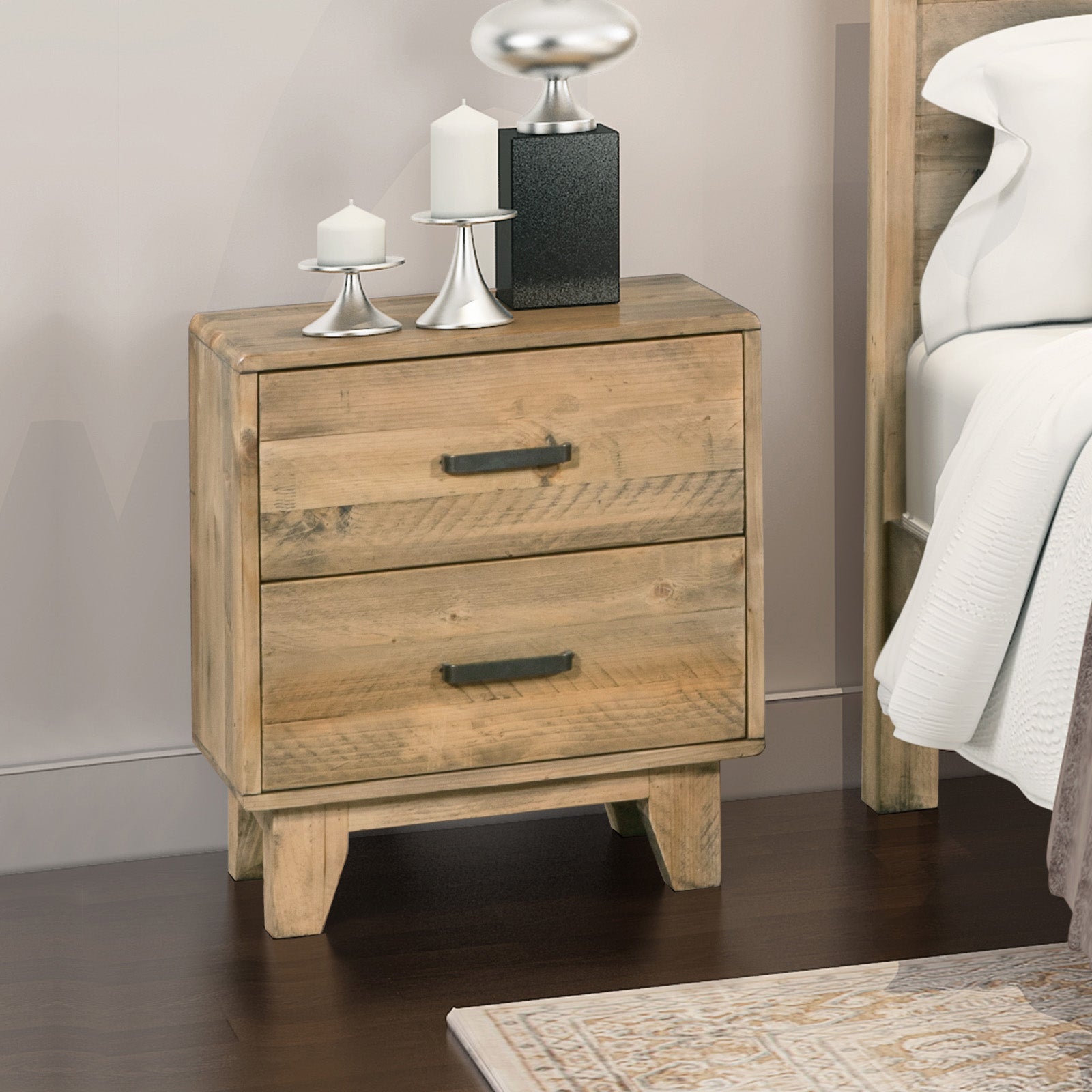 Bedside Table 2 drawers Night Stand Solid Wood Storage Light Brown Colour - Cosy Abode