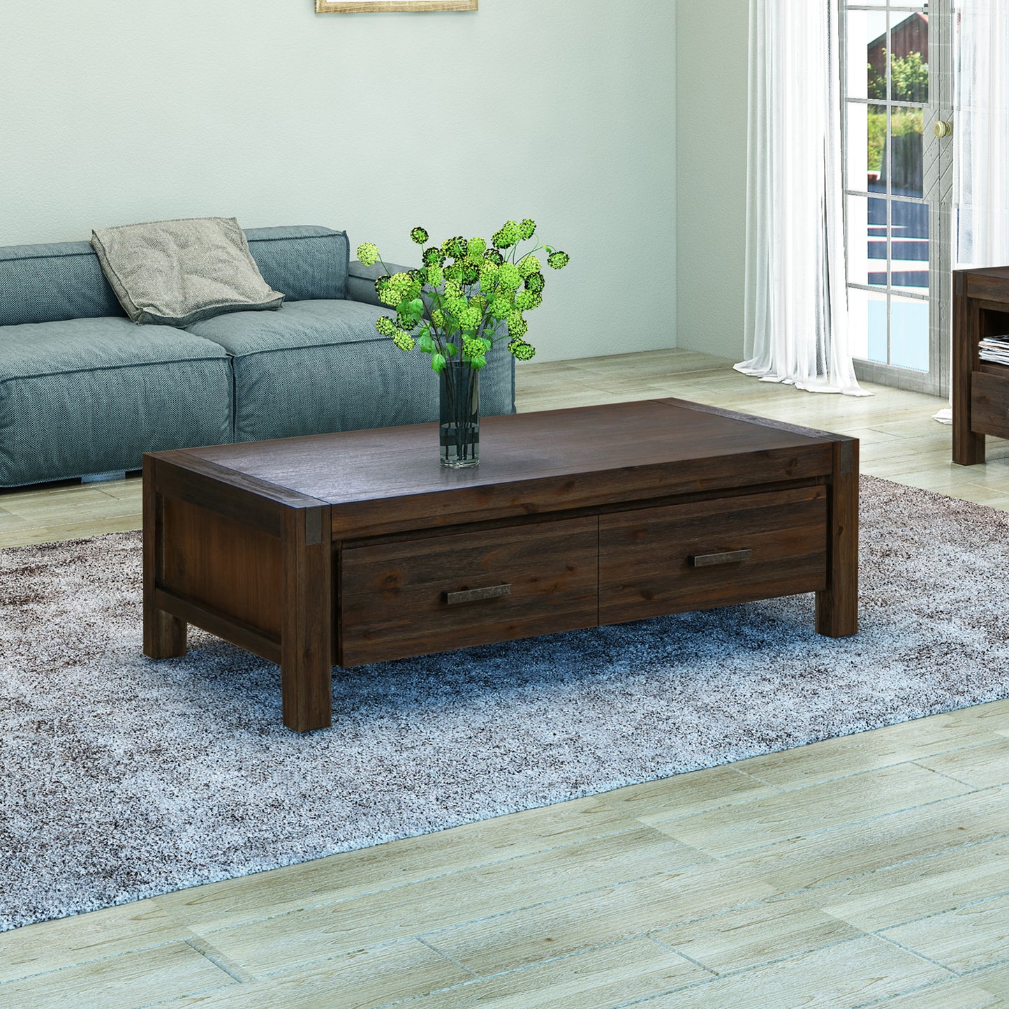 Coffee Table Solid Acacia Wood & Veneer 1 Drawers Storage Chocolate Colour - Cosy Abode