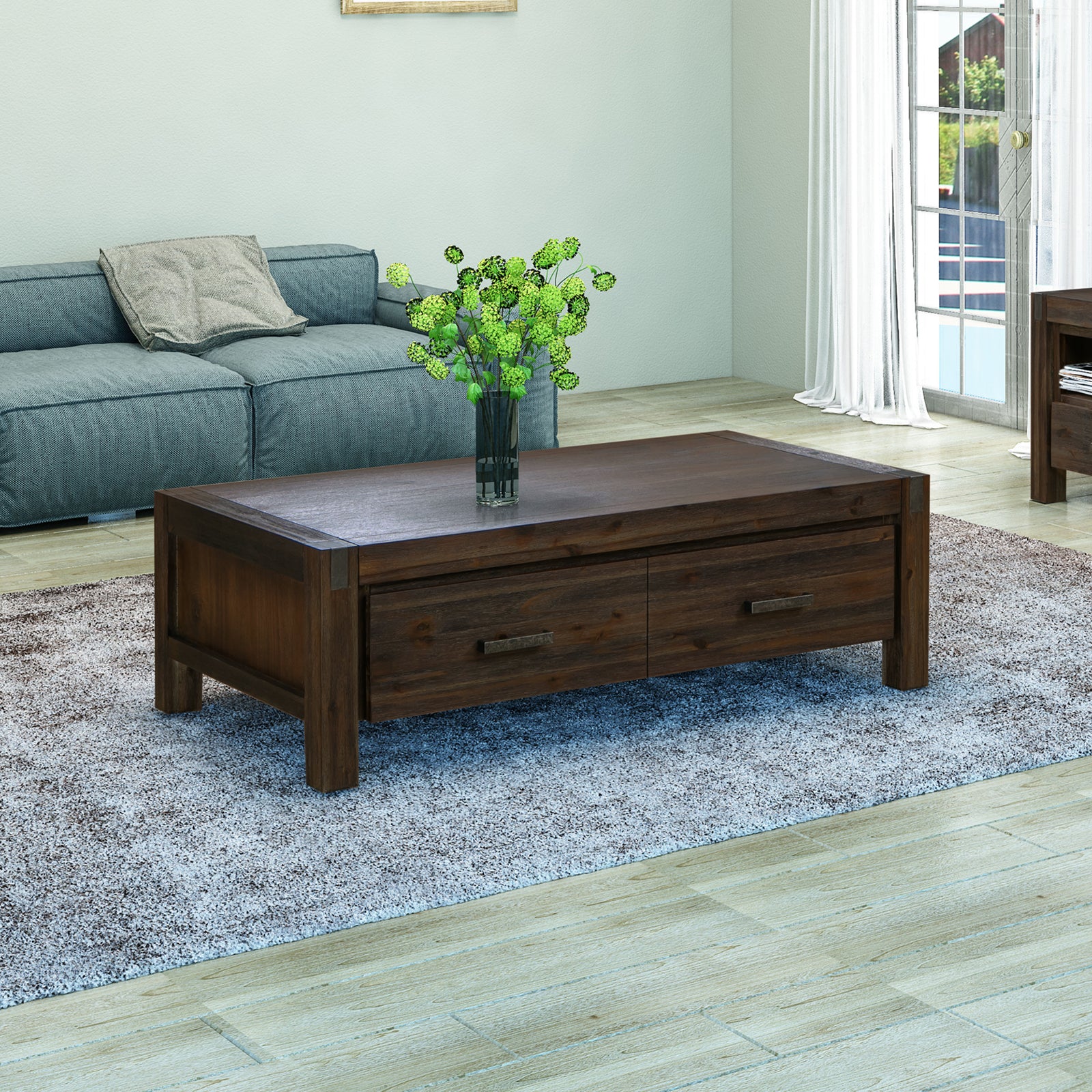 Coffee Table Solid Acacia Wood & Veneer 1 Drawers Storage Chocolate Colour - Cosy Abode